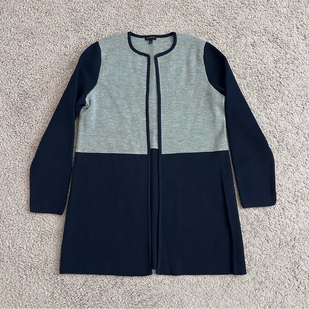 Talbots Two-Toned Cardigan Womens L Open Front Dark Navy Gray